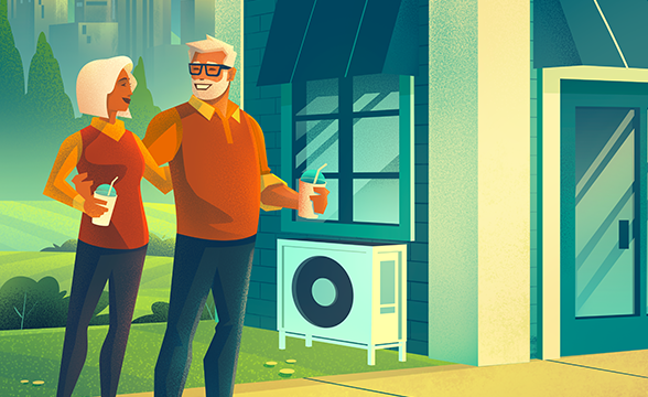 A couple embracing with one arm and each holding drinks in front of a modest home with a heat pump