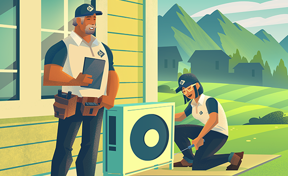 Two HVAC workers, one standing next to a heat pump and the other with a screwdriver working on the heat pump