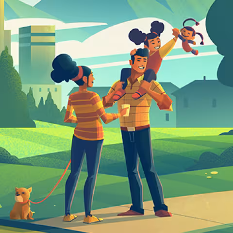 A family of three: a woman, a man, and a small child on the man's shoulders and the child is holding a doll. The woman is holding a leash with a small dog