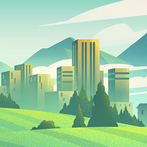 An illustration of a city with mountains in the background and trees and grass in the foreground