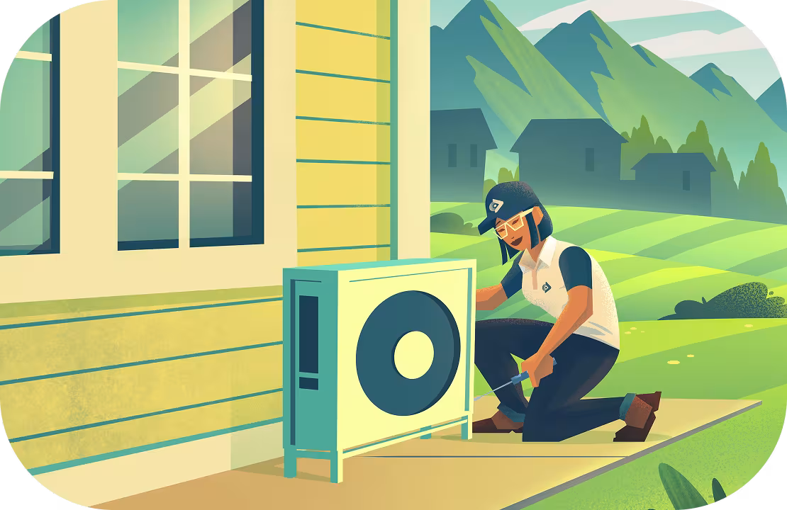 An HVAC technician with a screwdriver working on the heat pump