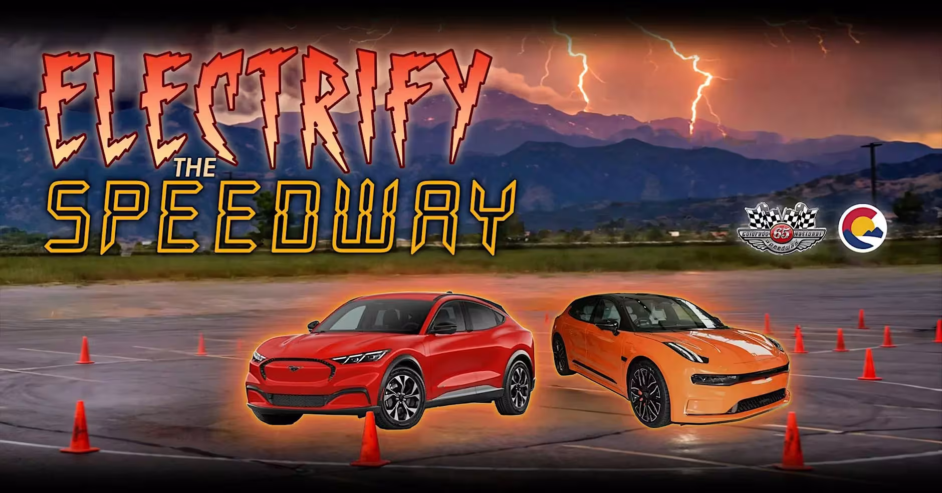 Two glowing cars with the words Electrify the Speedway. 